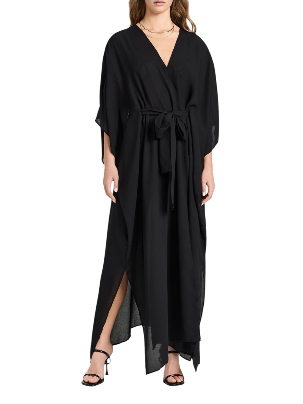 Good American NWT Black Maxi Sheer Goddess Robe Cover Up Kimono OS